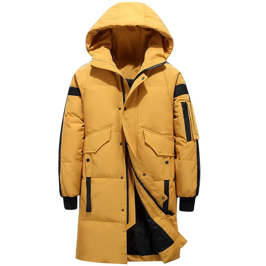 Men’s long yellow down jacket with hood, zipper closure, and multiple pockets, winter coat for warmth and style