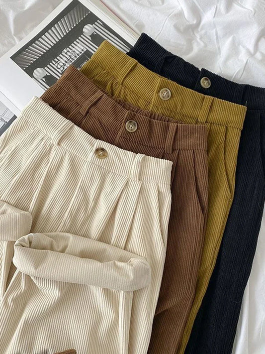 Vintage Wide-Leg Pants - High Waist Corduroy Trousers for Women