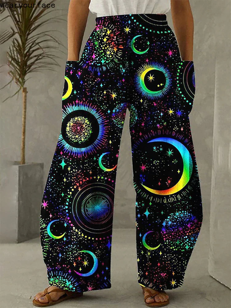 Galaxy Sky full length wide leg pants with vibrant 3D celestial print and elastic mid-rise waist for summer comfort