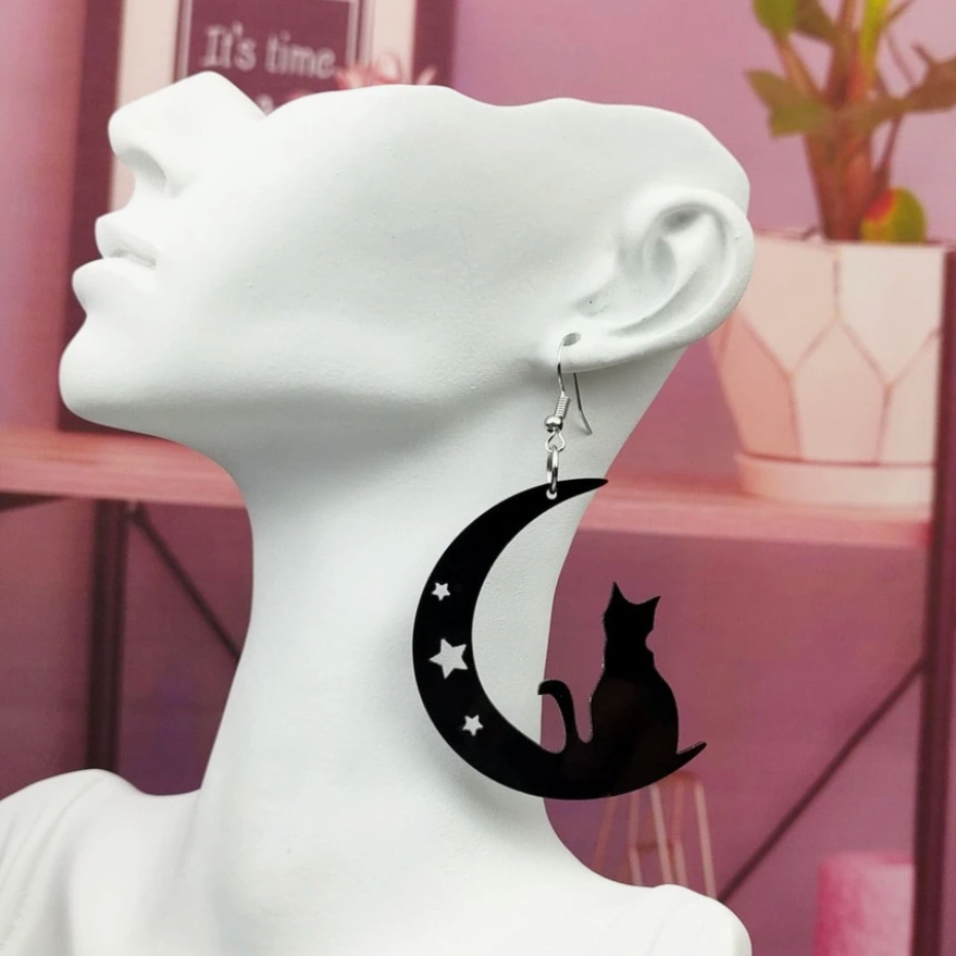 Cat Moon Dangle & Drop Earrings – Elegant Jewelry for Women & Teens