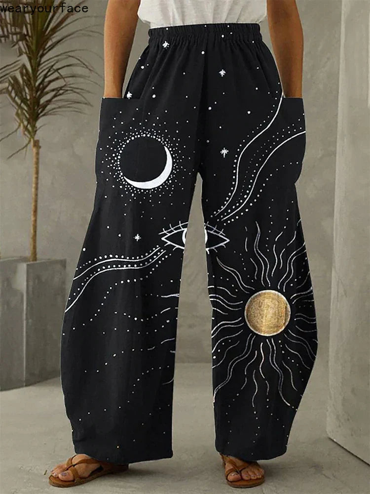 Galaxy Sky full length wide leg pants with celestial 3D print and elastic mid-waist for women summer fashion
